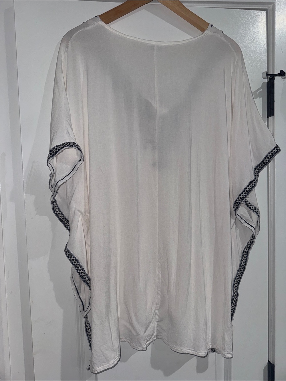 White Boho Lace-Up Kaftan with Navy Embroidery - Picture 3 of 5